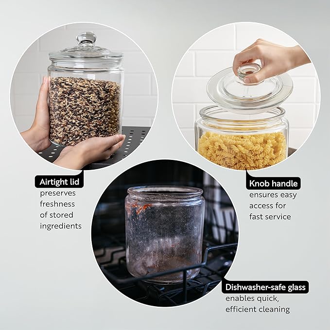 Restaurantware Vetri 0.5 Gallon Glass Storage Jar 1 Dishwashable Glass Cookie Jar - Airtight Seal Wide Opening Clear Glass Candy Jar Knob Handle Lid For Kitchen Laundry Or Storage