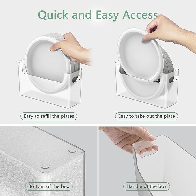 2Pcs Paper Plate Dispenser for 6-9.5 Inch Disposable Plates, Space-Saving Plastic, Foam and Paper Plate Storage Organizer for Cabinet, Countertop, RV or Outdoor (Transparent)