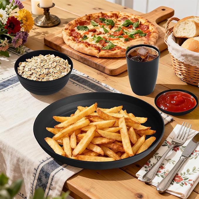 Wheat Straw Dinnerware Sets 16 PCS, Unbreakable Kids Plates and Bowls for 4-9 IN Plates, 26 OZ Cereal Bowls, 2 OZ Dipping Bowl, 12 OZ Cups, Dishwasher & Microwave Safe Plate Set - Black