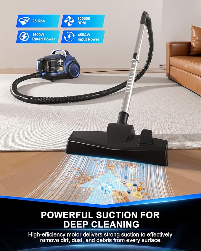 Bagless Canister Vacuum Cleaner,1600W Powerful High-Suction Bagless Canister Vac with 4.5QT Dust Cup,Pop-N-Go Brush,HEPA Filter,Dual Motors&4 Cleaning Tools,Perfect for Low-Pile Carpets&Hard Floors