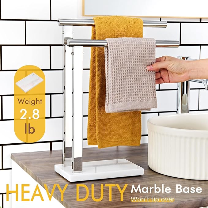 KOKOSIRI Hand Towel Bars Standing Towel Rack 2-Tier with Marble Base for Bathroom Vanity Countertop, Polished Stainless Steel 15.7'' Height THS0007-CH