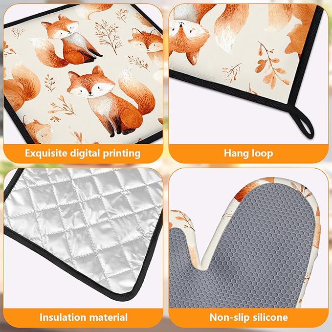 Cute Fox Oven Mitts and Pot Holders Sets 4Pcs Silicone Non-Slip Mitts Heat Resistant Gloves Hot Pads for Kitchen Cooking Baking Grilling BBQ