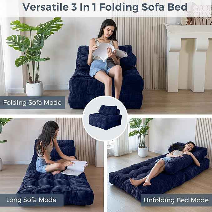 MAXYOYO Folding Sofa Bed, Convertible Sleeper Chair with Pillow Foldable Matress with Back Support, Portable Fold Out Chair Bed Comfy Floor Sofa Lounge for Living Room Bedroom, Navy, Single