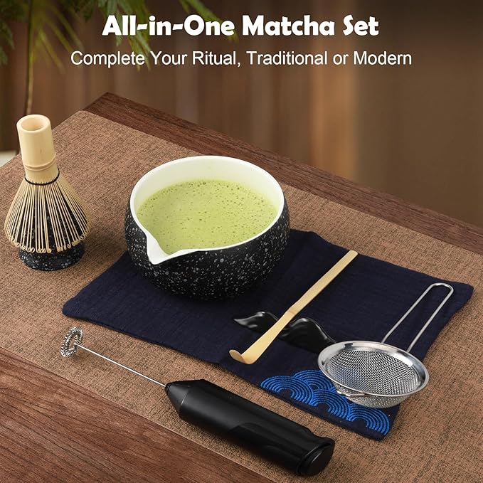 Matcha Whisk Set with Electric Frother – 8Pcs Tea Set with Matcha Bowl, Bamboo Whisk & Holder, Scoop, Scoop Rest,Sifter&Tea Towel–Traditional & Modern Matcha Kit for Ceremony,Lattes & Gifts