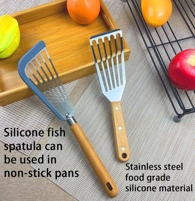 Fish Spatula Set for Nonstick Cookware Flexible Metal Fish Spatula Stainless Steel Small Fish Slotted Spatula Turner with Wood Handle