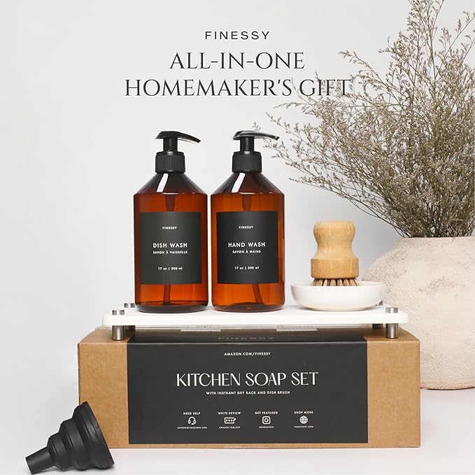 FINESSY Modern Hand and Dish Soap Dispenser Set for Kitchen Counter with Tray and Bamboo Brush, Kitchen Soap Dispenser Set with Tray Refillable Dual Containers Also for Dishwashing Liquid and Lotion