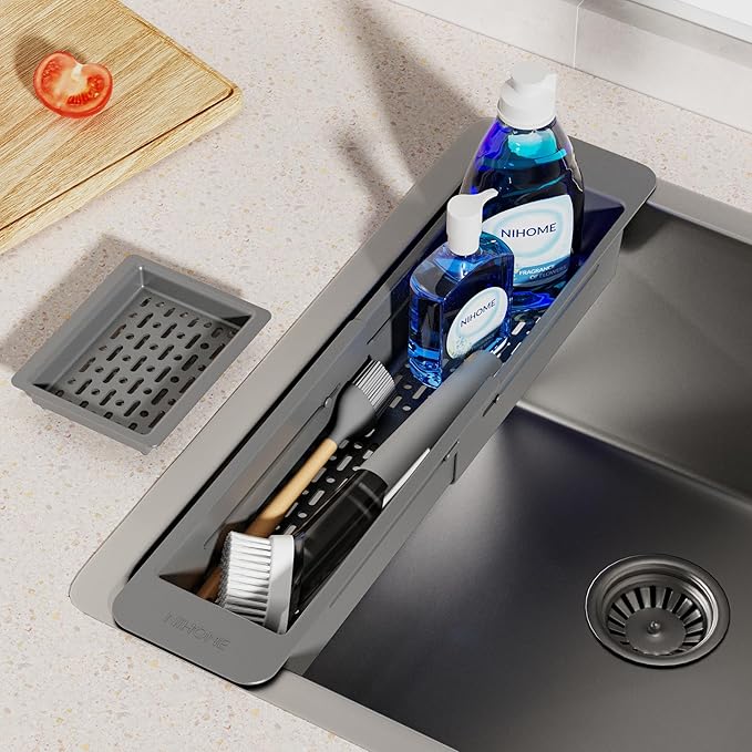 NiHome Extendable Over Sink Kitchen Organizer, Small Telescopic Brush Storage Rack for Sponge, Non-Slip Pads Expandable Sink Caddy, Adjustable Sponge/Brush Rack with Drainage Durable ABS (Dark Gray)
