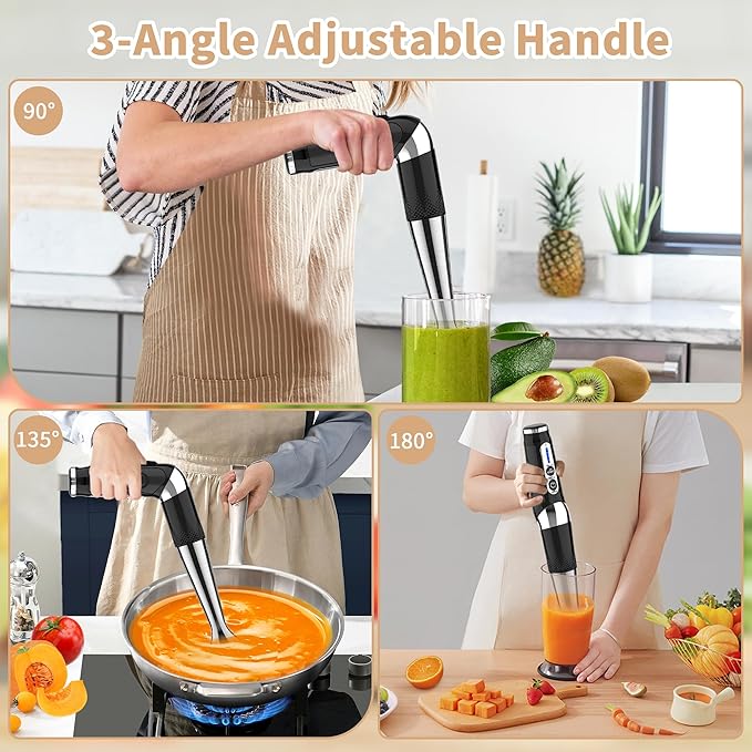 Toogel Cordless Immersion Blender, Electric Hand Blender with 21-Speed & 3-Angle Adjust, USB Rechargeable, BPA-Free & Dishwasher Safe for Baby Food, Smoothies, Soup (Black)