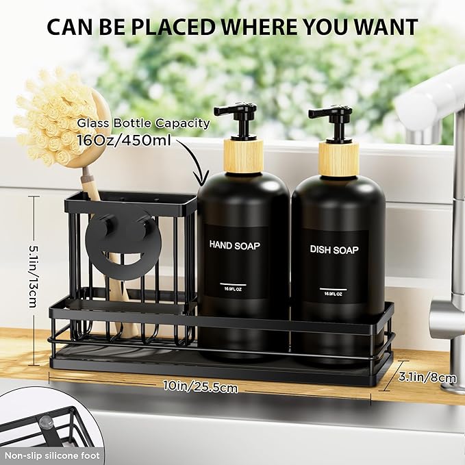 Moforoco Kitchen Dish Soap Dispenser Set, 16OZ Glass Bottle, Hand and Dish Soap Dispenser Set, Instant Dry Tray, Brush Holder with Smiley Face Sponge Holder (Black Tray+Black Bottle+Labels)