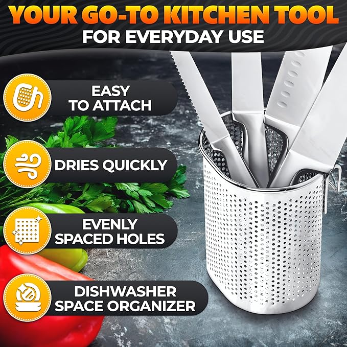 Chopstick Dishwasher Basket 3.5x2.7x3.9" – Stainless Steel Chopstick Holder for Dishwasher with Hooks, Oval Design Rust-Resistant Perforated Utensil Caddy for Straws, Teaspoons & Small Kitchen Tools