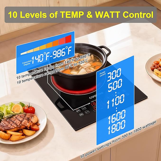 Dual Heating Coil Design of Single Burner Electric Cooktop, 1800W Ceramic Infrared Cooking Hot Plate, Portable Countertop or Built-in Radiant Stove Top Cooker with Wattage and Temperature Control