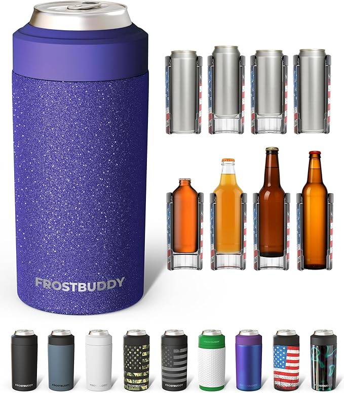 Frost Buddy Universal Can Cooler - Fits all - Stainless Steel Can Cooler for 12 oz & 16 oz Regular or Slim Cans & Bottles - Stainless Steel (Purple Glitz)