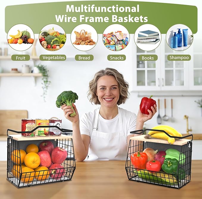 Wawocs Magnetic Shelf for Fridge with Wood Lid, 2 Tier Fruit Baskets Wall Mounted Hanging Basket with 4 Hanger Hooks, Potato and Onion Magnetic Storage Bins for Kitchen Counter, Refrigerator, Cabinet