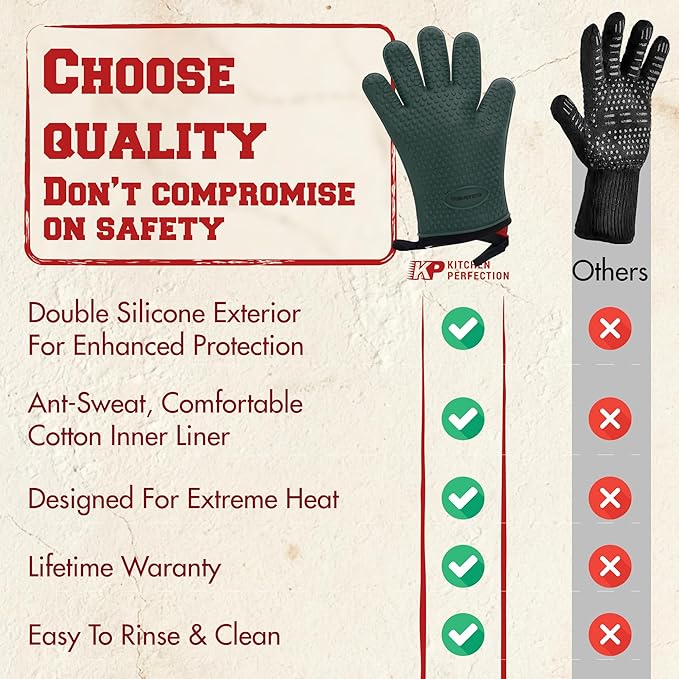 KITCHEN PERFECTION Silicone Oven & Griddle Gloves -Extreme Heat Resistant BBQ & Grilling Gloves -Handle Hot Food Right on Your Griddle |Waterproof Oven Mitts Grill Gloves |Superior Set+3 Bonuses