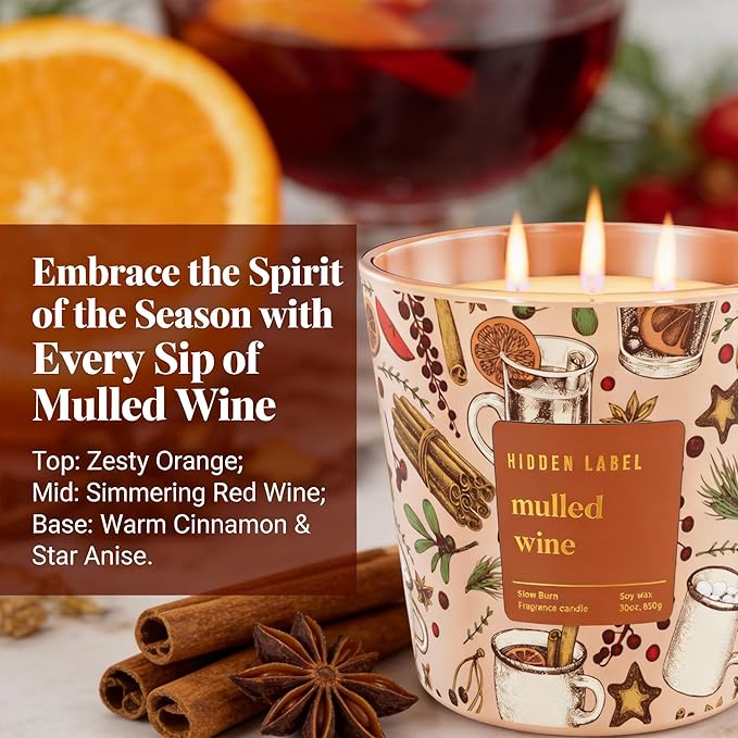 Hidden Label Mulled Wine Scented Candle for Home, 30oz Large 3 Wick Soy Candle, 100H Long Lasting, Cinnamon Orange Clove, Non-Toxic Clean Burn, Christmas Winter Gifts for Women, Holiday Gift