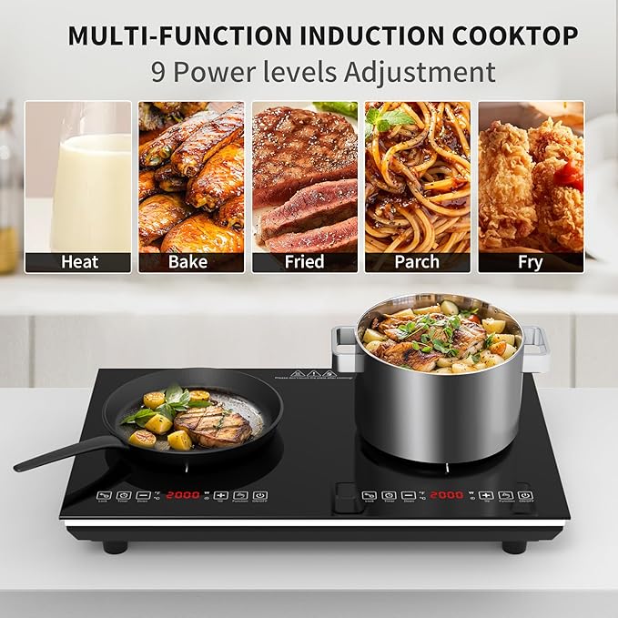 VBGK Double Induction Cooktop,110V 4000W Electric burner,2 burner Hot Plate LED Sensor Touch Energy-Saving induction stove top with Child Safety Lock & Timer 2 burner induction cooktop