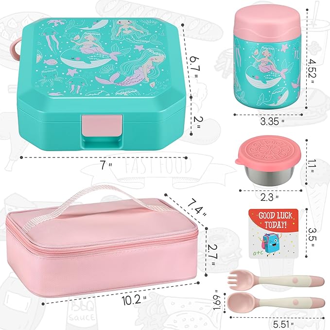 Itslife Bento Lunch Box Set for Kids with 12oz Soup Thermo&Lunch Bag, Leak-Proof Lunch Food Containers for Kids School, 5 Compartment, Sauce Cup, 10 Notes (Mermaids Green)