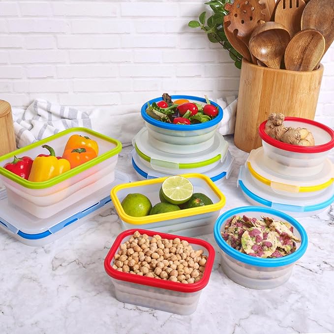 ECOBERI Collapsible Silicone Food Storage Containers Set of 5, BPA-Free Food-Grade Silicone, Airtight Snap Lids, Microwave, Freezer & Dishwasher Safe, Space-Saving Meal Prep & Lunch Containers