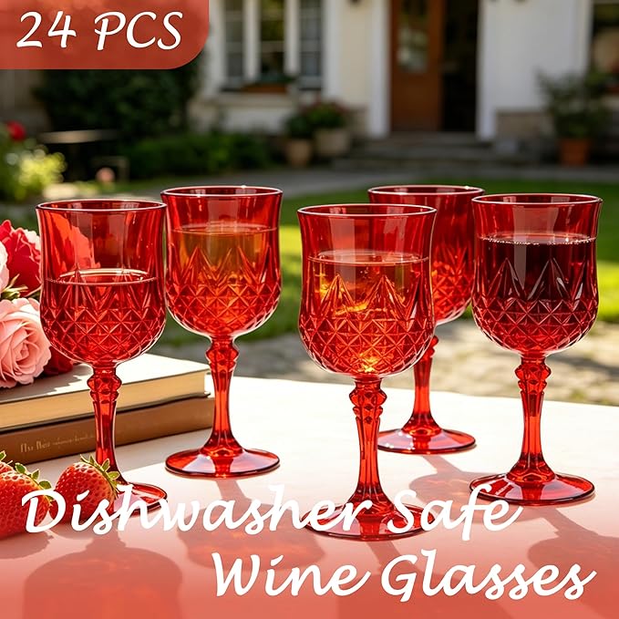 Plastic Wine Glasses, Plastic Goblets Vintage Style Cordial Unbreakable Drinking Glasses, Reusable Drinkware for Wedding Reception, Grand Event Party Supplies,Mother's Day(24, Red)