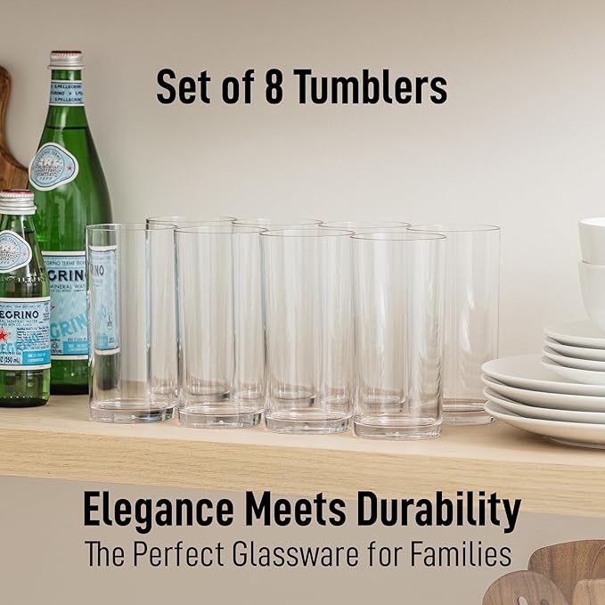 Zulay Kitchen Plastic Drinking Glasses (Set of 8) – 16oz Acrylic Shatterproof Water Cups for Home, Kitchen & Outdoors – Crystal Clear Glass Look – BPA & Lead-Free – Top-Rack Dishwasher Safe