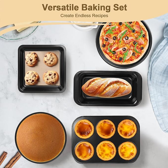 5-Piece Toaster Oven Bakeware Set – Compact Nonstick Baking Pans for Small Oven, RV & Camper – Includes Muffin, Loaf, Pizza, Cake & Square Pan (Black)