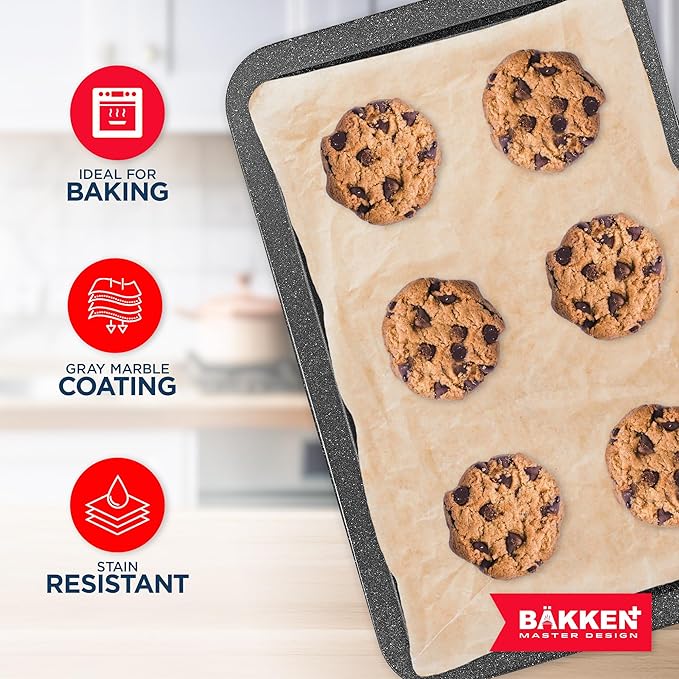 BAKKEN Kitchen Baking Pans - Nonstick Gray Coating, 13.18’’ × 8.66’’ Commercial Grade Carbon Steel Cookie Sheet, Baking Kitchen Essentials, PFOA, PFOS, PTFE Free, Oven Safe Tray (450° F), Gray Marble