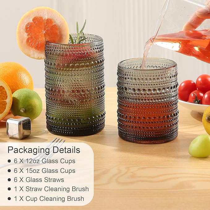 ZMOWIPDL Vintage Glassware Drinking Glasses Set of 12,Grey 12oz & 15oz Hobnail Glass Cups,Embossed Water Tumbler,for Beer,Cocktail,Whiskey,Juice and Various Mixed Drinks- 1 Cleaning Brush
