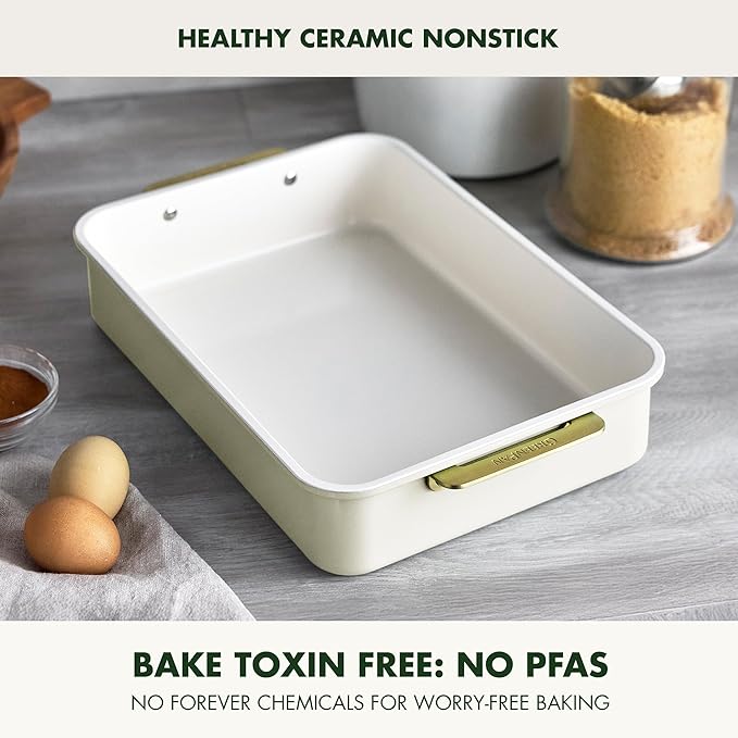 GreenPan Bakeware 13” x 9” Rectangular Cake Pan, Ceramic Nonstick Baking Pan, PFAS & BPA Free, Gold Handles, Durable Steel, Freezer to Oven Dish, Scratch Resistant, Bake & Roast Ovenware, Cream