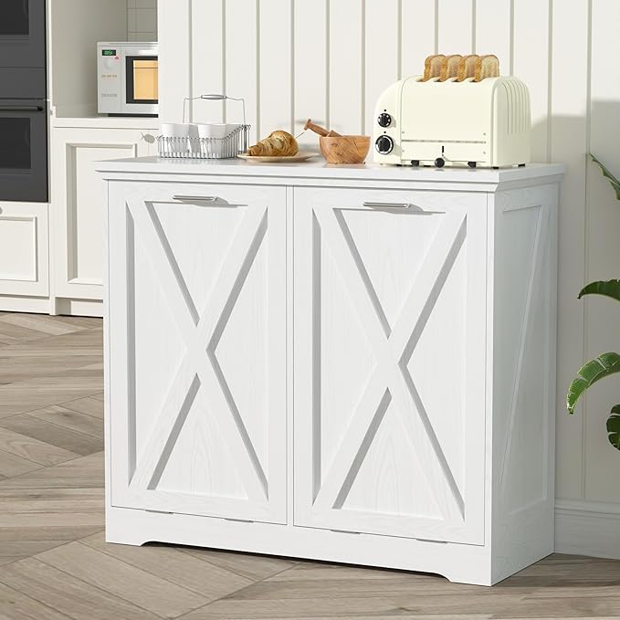 TOLEAD Tilt Out Trash Can Cabinet, 10 Gallon Kitchen Trash Cabinet Hidden Trash Can with Deodorizing & Negative Ion Pet Proof for Kitchen,Dining Room, Living Room,Double White