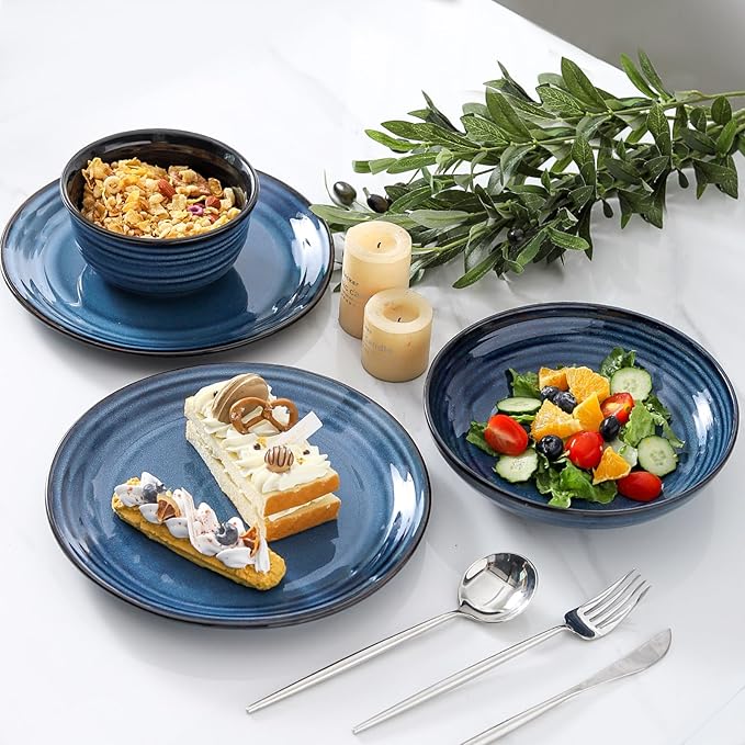 Hasense Ceramic Plates and Bowls Dishes Set, 12 Pieces Handmade Reactive Glaze Dinnerware Set of 4 (Plates, Pasta bowls, Cereal Bowls), Chip and Scratch Resistant Dinner Dishes Service, Blue