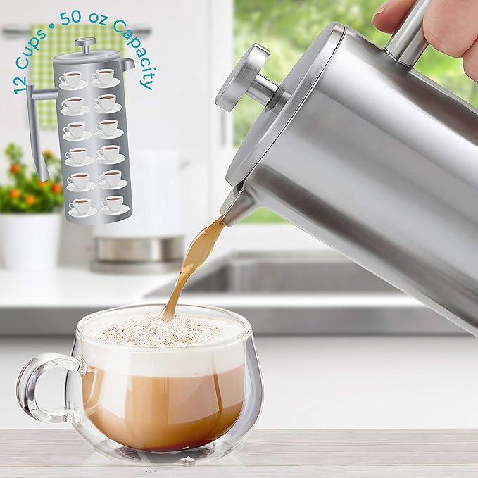 Belwares French Press Coffee Maker - 50oz 6-Cup Capacity, 304 Stainless Steel Coffee Press, Double Wall Insulation Heat Retention, 4-Level Filtration Smooth Ground-Free Coffee, 2 Extra Filters, Silver