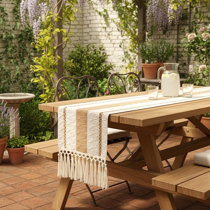 FEXIA Boho Table Runner for Hoilday Spring Home Decor with Tassels 72 Inches Long Pottery barn Furniture Farmhouse Rustic Macrame Burlap Table Decoration for Living Room (12x72 Inches)