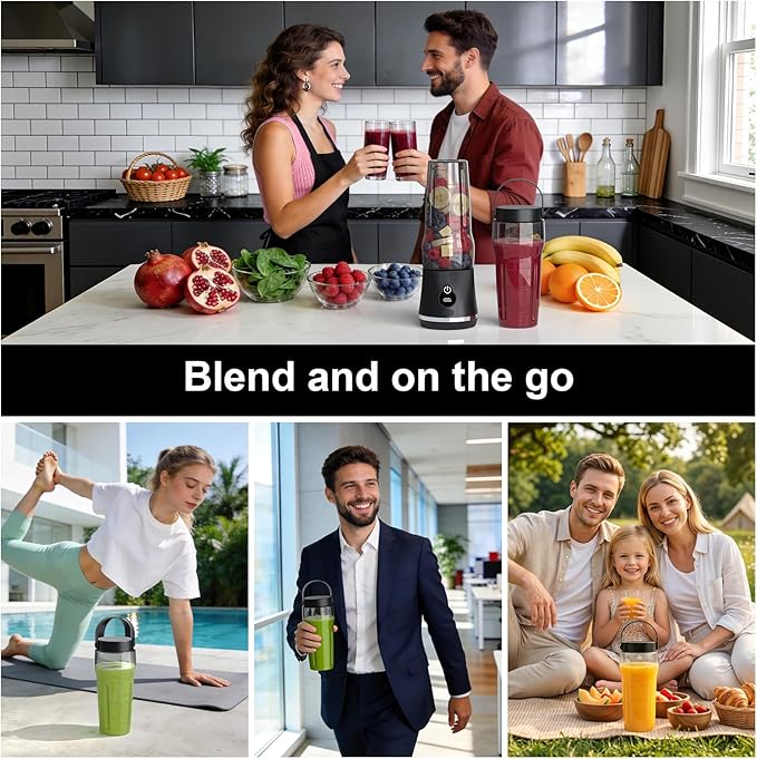 Portable Blender for Smoothies and Shakes, 17oz Personal Blender with 6 Stainless Steel Blades, USB-C Rechargeable, LED Display, BPA Free, Compact Travel Cup with Extra Lid for Gym, Office & On-the-Go