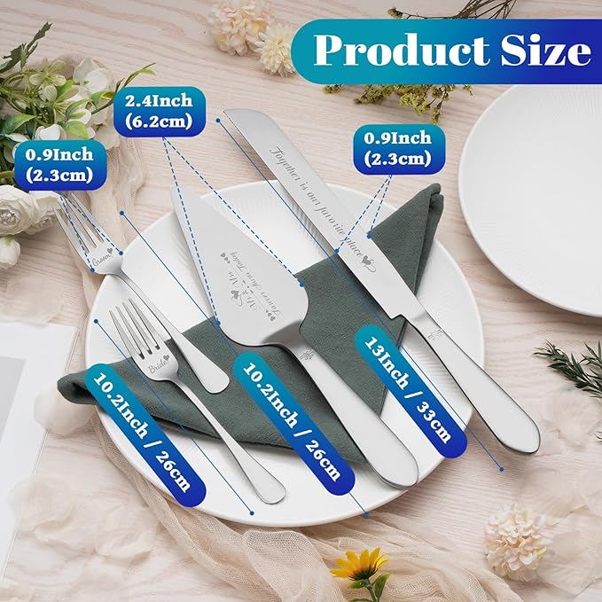 Eisinly Cake Cutting Set for Wedding, Elegant Cake Knife and Server Set with Stainless Steel Forks, Cake Cutter and Pie Spatula for Couples Wedding Registry, Engagements, Anniversary, 4 Pcs, Silver