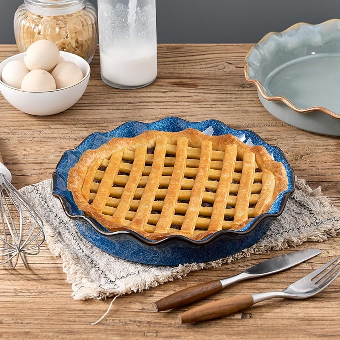 SIDUCAL Ceramic Pie Pan for Baking,Reusable NonStick Ceramic Pie Plate with Ruffled Edge,Deep and Fluted Pie Dish for Apple Pie,Quiche,Pot Pies, Tart, etc (Active Blue, 10.5 INCHES)