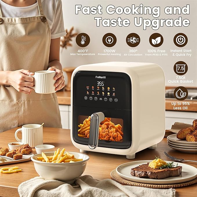 Fullwill Air Fryer with Visible Window, 7.5QT,12-in-1 Multi-Function Air Fry,Roast,Bake, Dehydrate, Fries,Nonstick and Dishwasher-Safe Basket,Family&friends Party,1700W,Creamy White