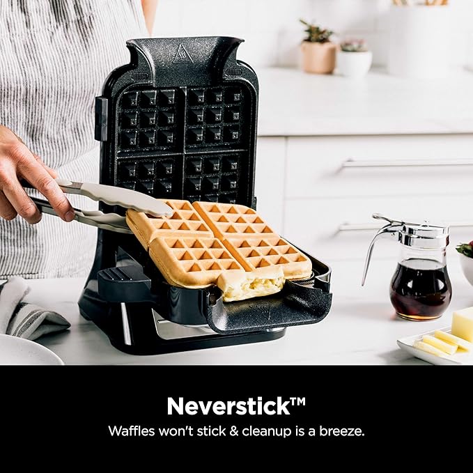 Ninja Belgian Waffle Maker Pro | Vertical Design | 5 Shade Settings with Precision-Pour Cup & Chef-curated Recipe Guide | Black & Silver | BW1001
