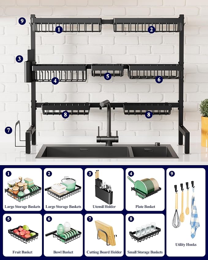 Kitsure Over The Sink Dish Drying Rack - 31.5" to 39.4" x 30.3", Adjustable Sink Drying Rack for Kitchen Sink with Multifunctional Baskets, Black