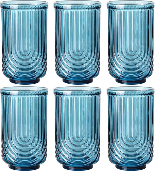 JOVGANK Blue Vintage Glassware Set of 6-17Oz Blue Water Drinking Glass, Art Deco Ripple Highball Glass, Whiskey Cocktail Glasses, for Bar Ice Coffee Juice, Housewarming Gifts and Mother's Day Gift