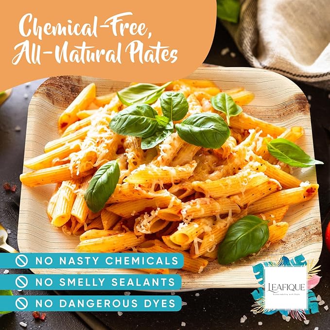 100% Natural 8 Inch Square Palm Leaf 50 Plates + 100 Cutlery (50 Forks & 50 Knives), Biodegradable Dinnerware for Catering, Birthdays, Halloween, BBQs, Alternative to Paper & Bamboo Plates Disposable