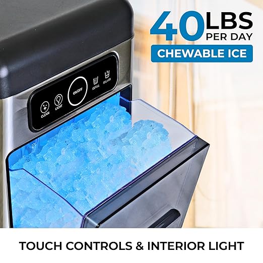 Kenmore Countertop Ice Maker Nugget Machine – Portable Self-Cleaning Máquina de Hacer Hielo para Casa, Crunchy Chewable Pebble Ice, 40lb/24hr Capacity, Stainless Steel
