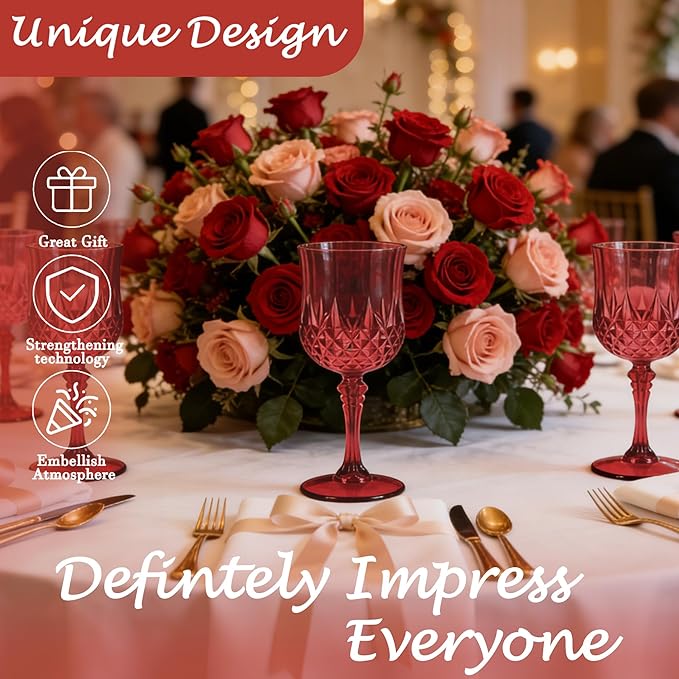 Plastic Wine Glasses, Plastic Goblets Vintage Style Cordial Unbreakable Drinking Glasses, Reusable Drinkware for Wedding Reception, Grand Event Party Supplies, Mother's Day (12, Burgundy)