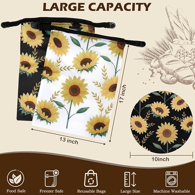 2 Pack Reusable Bread Bags for Homemade Bread, 17"×13" Sourdough Bread Storage Bags with Bowl Cover - Keep Loaf Fresh and Easy to Wash(Sunflowers)