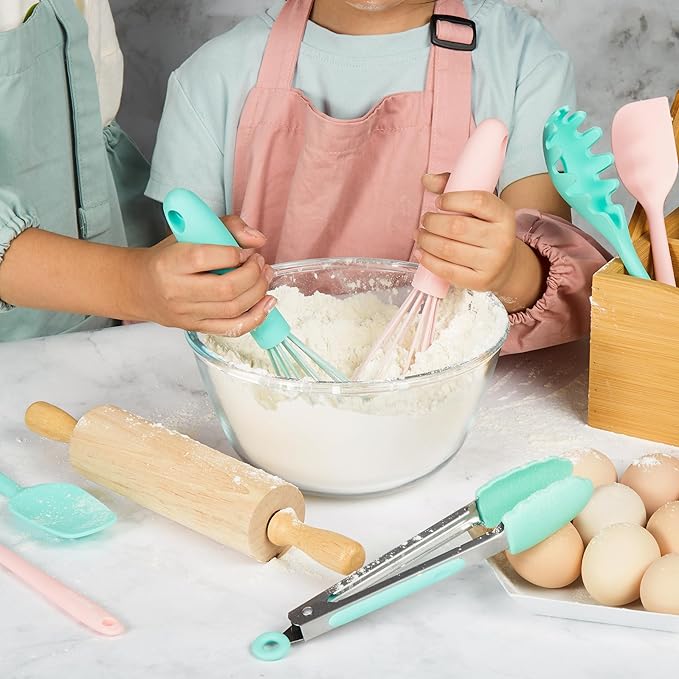 Pulcher Kids Cooking & Baking Sets Real Little Chef Cooking Utensils Kitchen Set Gifts for Girls Boys Juniors with Utensils Cutting Board Kids Safe Knife Rolling Pin Apron Carrying Basket (Coral Pink)