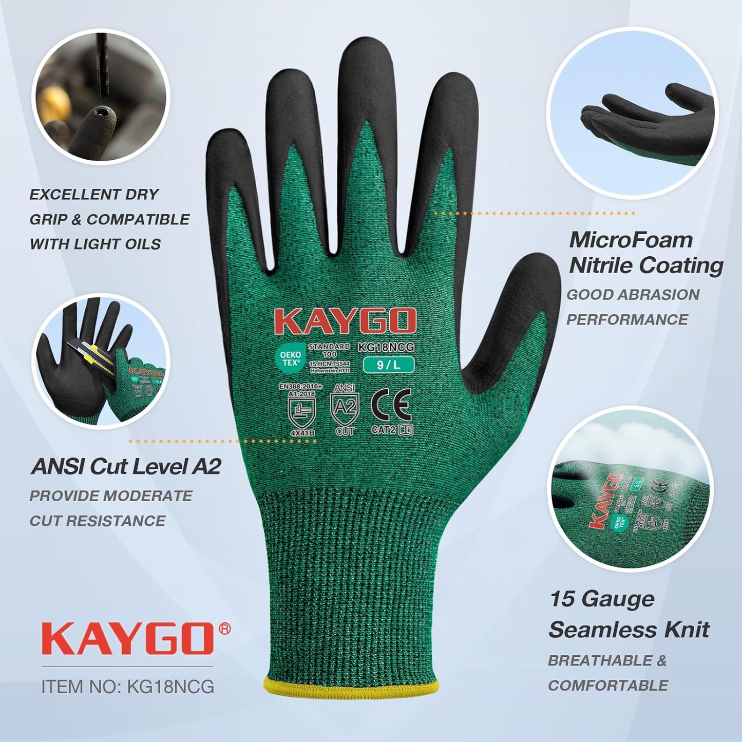 KAYGO Safety Work Gloves MicroFoam Nitrile Coated, 3 Pairs KG18N, Cut Resistant Glove with Abrasion and Oil Resistant Grip, ANSI Cut Level A2, S, Green