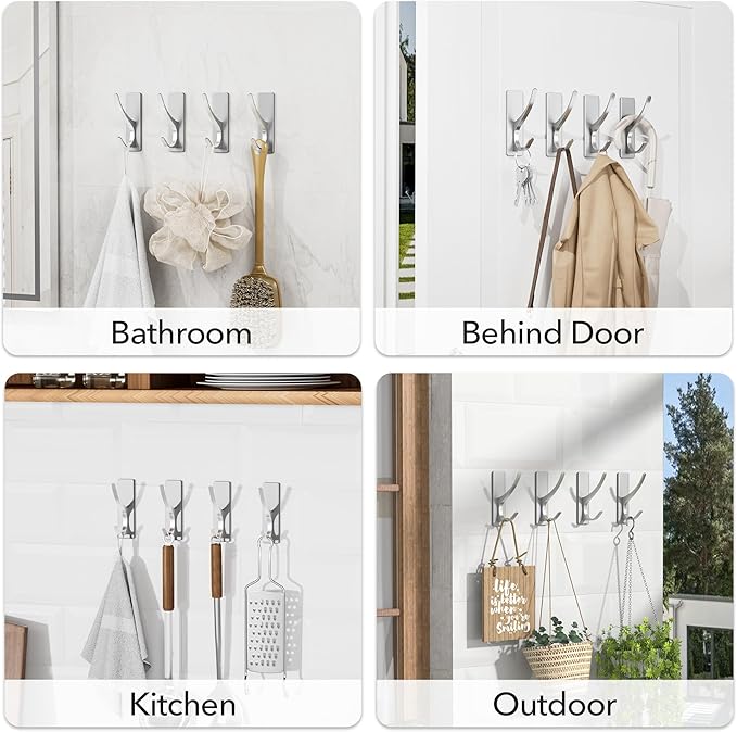 pickpiff Silver Self Adhesive Coat Hooks for Hanging: 13LB Extra Strong Stainless Wall Hook for Towel, Utensil, Backpack, Hat, Sturdy Metal Hanger for Bathroom, Kitchen, Door, 10-Pack