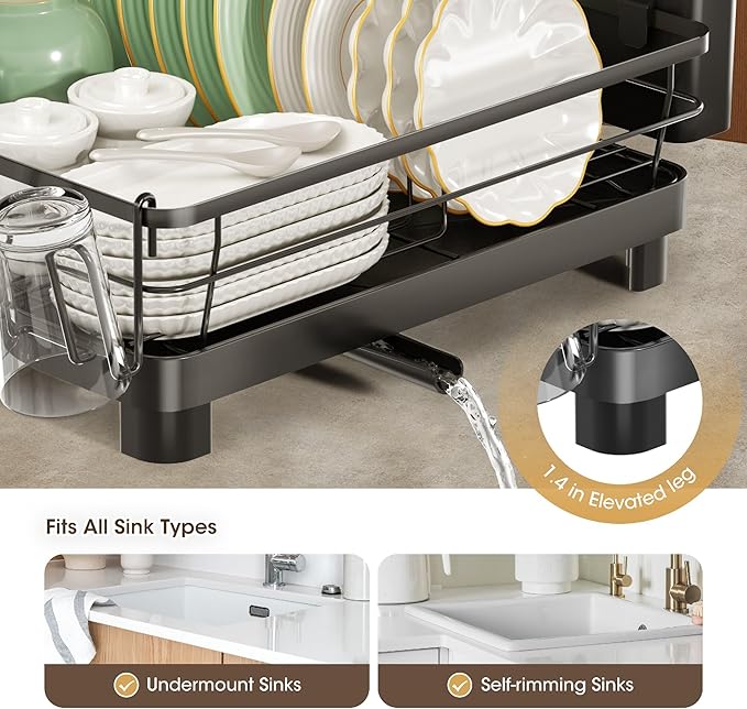 Runnatal Dish Drying Rack, Stainless Steel Dish Rack with Drainboard for Kitchen Counter and Sink, Large Capacity Dish Drainer, Detachable 2-in-1 Utensil Holder, Cup Holder, Black
