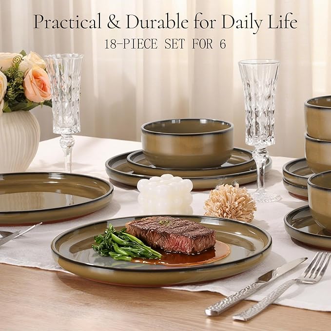 E-far Stoneware Dinnerware Sets for 6, 18 Pieces Reactive Glaze Plates and Bowls Sets, Elegant Dishes with Rustic Terracotta Clay Base, Dishwasher & Microwave Safe, Scratch Resistant, Deep Camel