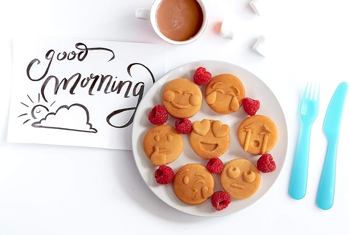 Mini Emojis Waffle Maker for Mother's Day Breakfast- Make 7 Unique Smiley Face Waffles Pancakes for Kids- Electric Non-Stick Iron Feat Kiss Face Heart Eyes & Smile w Recipe Guide- Licensed by Emoji
