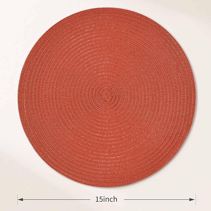 FunWheat Round Braided Placemats Set of 6 Place mats for Dining Tables Woven Heat Resistant Table Mats 15 inch (Dark Orange)